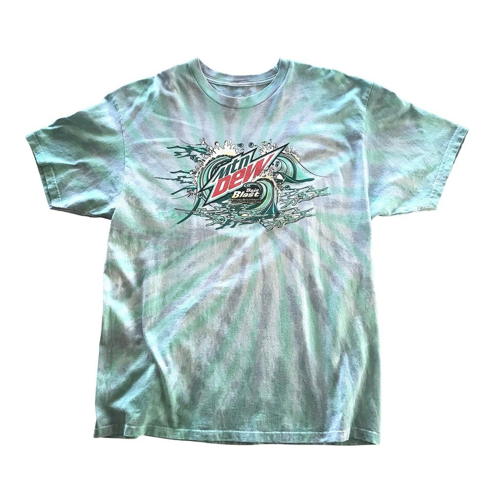 Mountain Dew Baja Blast Tie Dye Graphic T-Shirt Mens Large Teal Grey Wave Logo